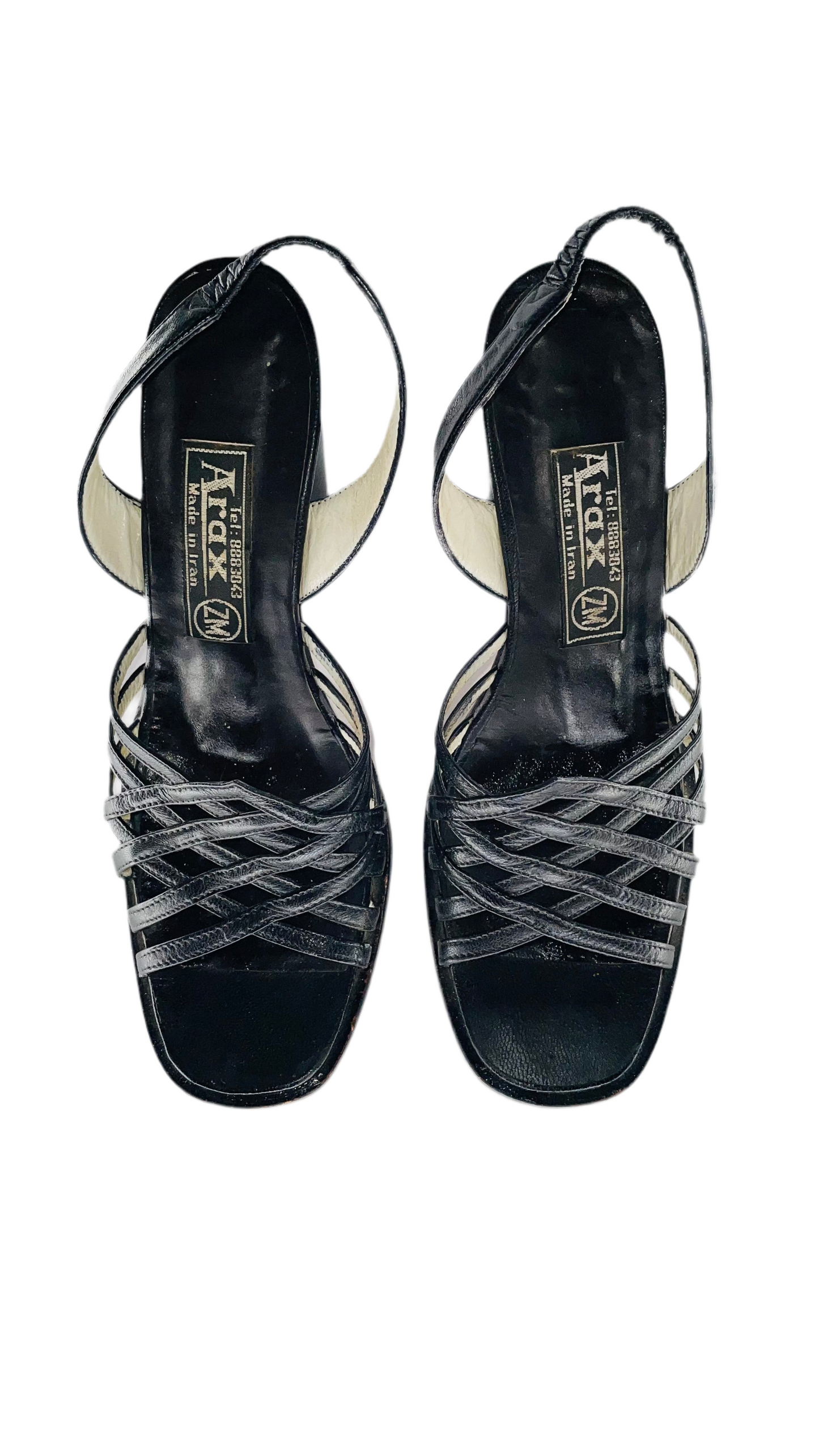 Vintage 70s black leather strappy heels - Size 7
