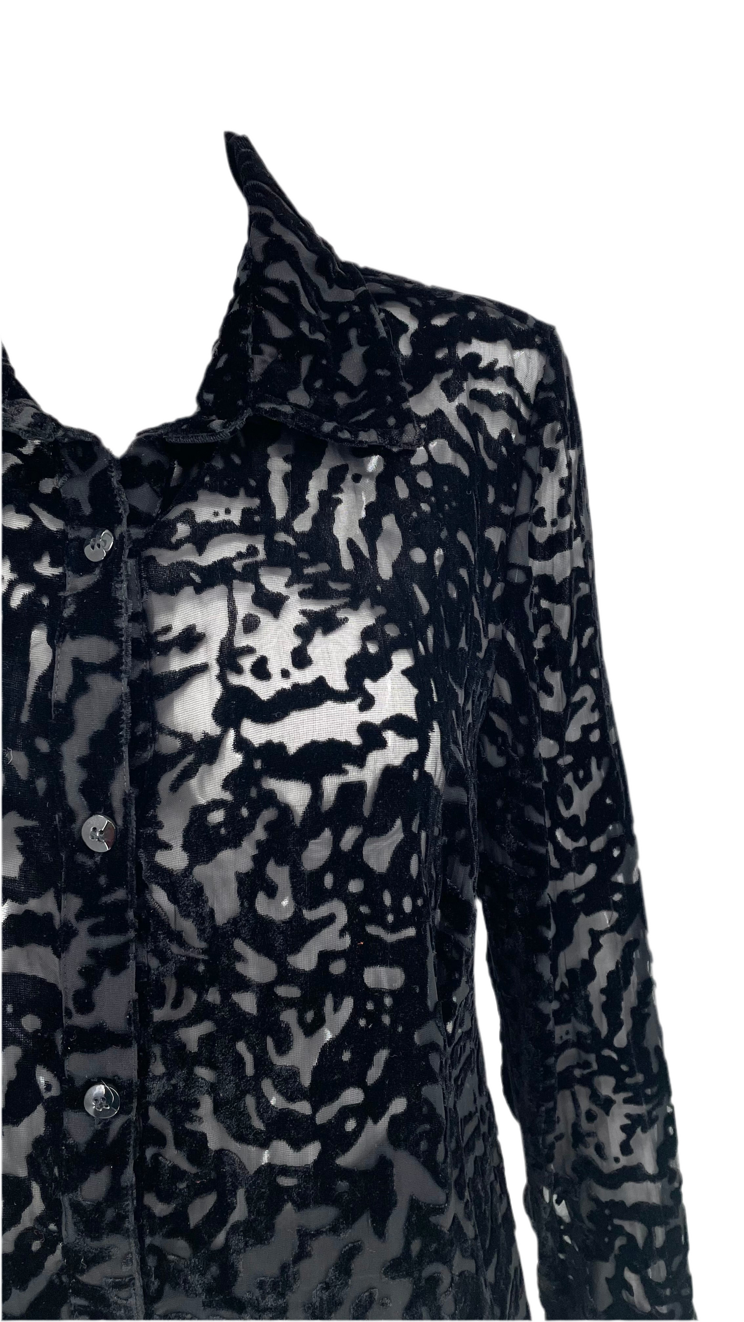 Vintage 90s black abstract zebra print velvet burnout button up shirt - Size M