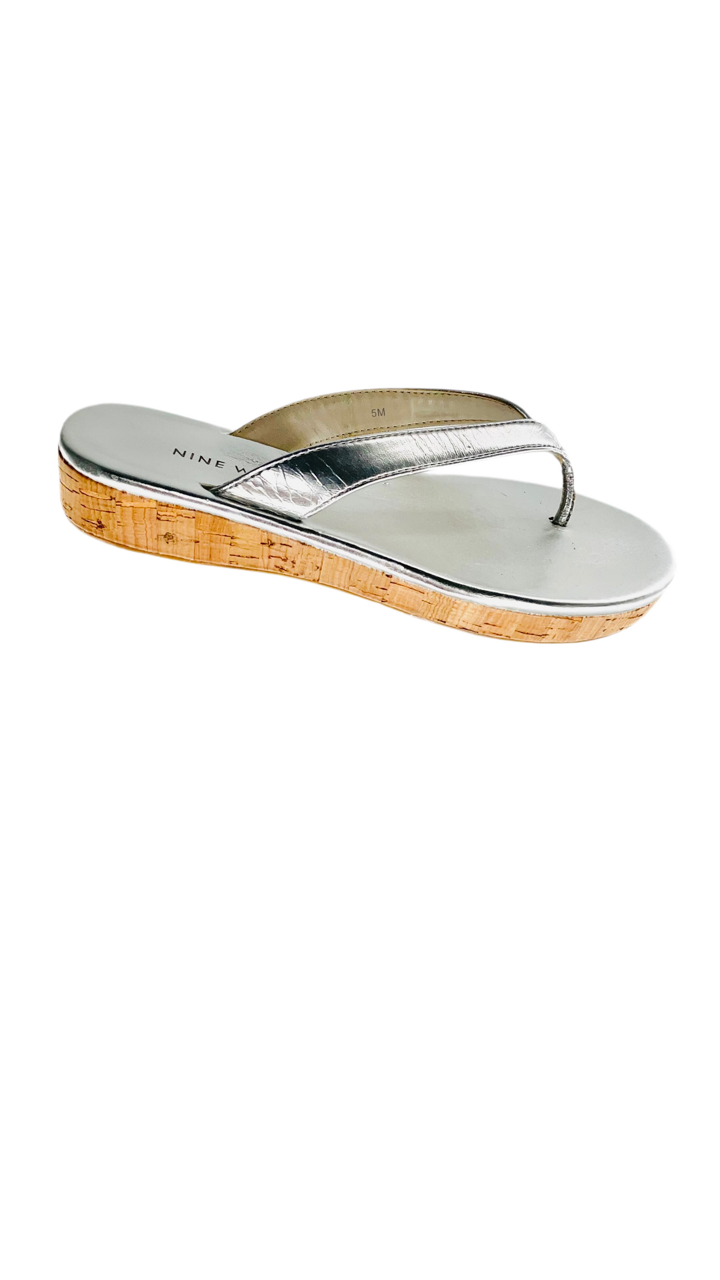Pre-Loved silver NINE WEST faux leather and cork thong sandals - Size 5