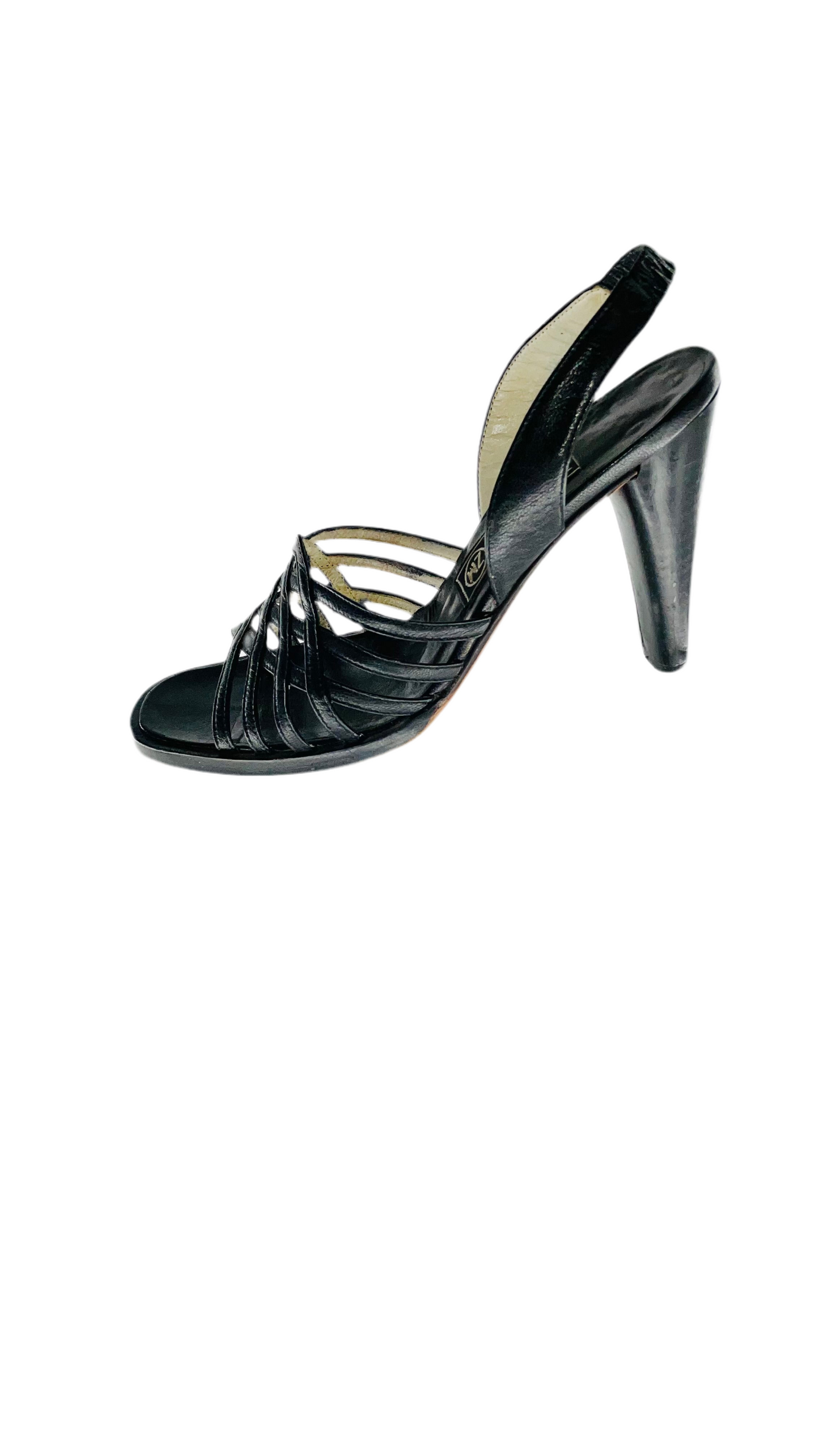 Vintage 70s black leather strappy heels - Size 7