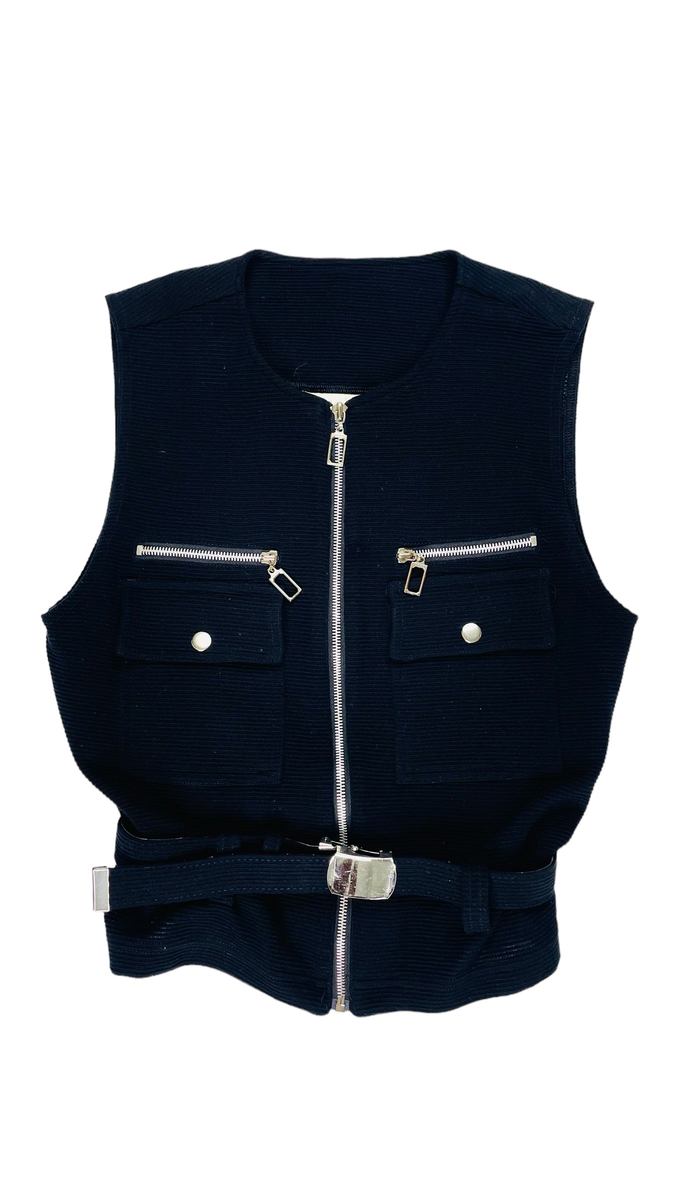 Vintage 90s black CACHE long sleeve ribbed knit jumpsuit with stirrups and vest- Size S