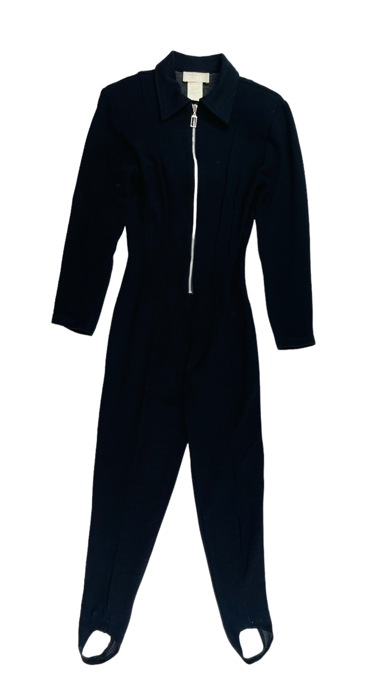 Vintage 90s black CACHE long sleeve ribbed knit jumpsuit with stirrups and vest- Size S