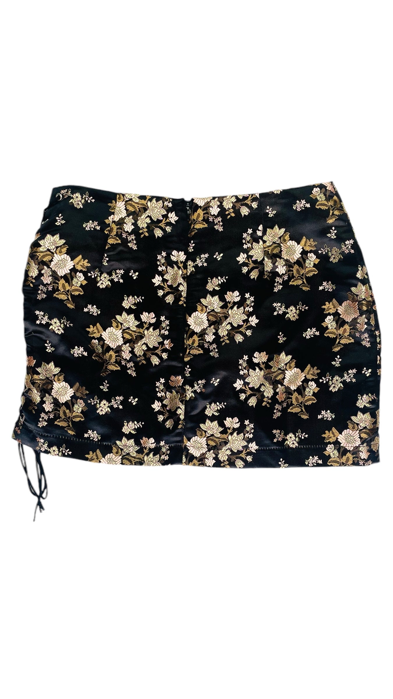 Pre-Loved black & gold chinese brocade floral print embroidery satin mini skirt - Size M