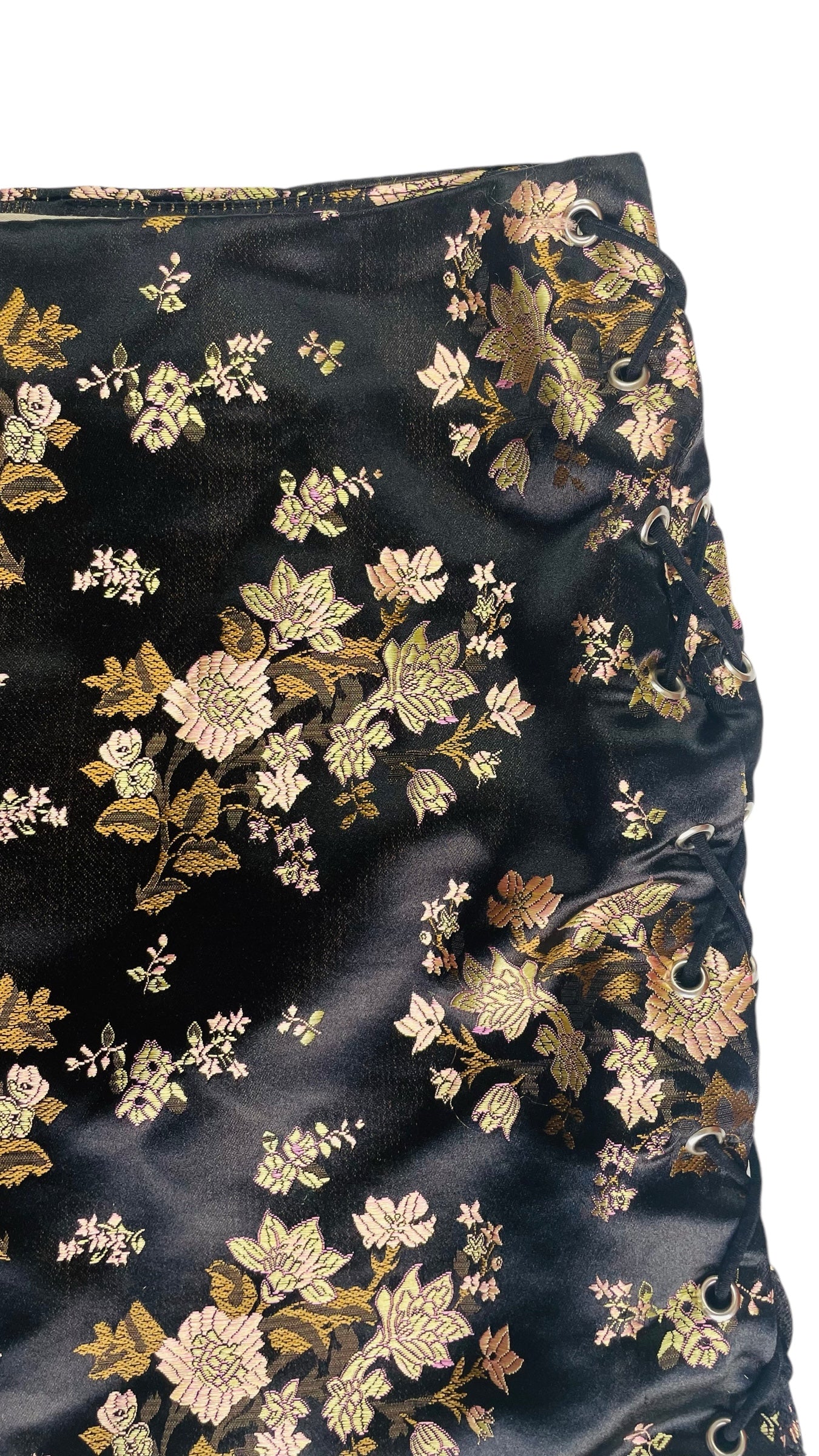 Pre-Loved black & gold chinese brocade floral print embroidery satin mini skirt - Size M