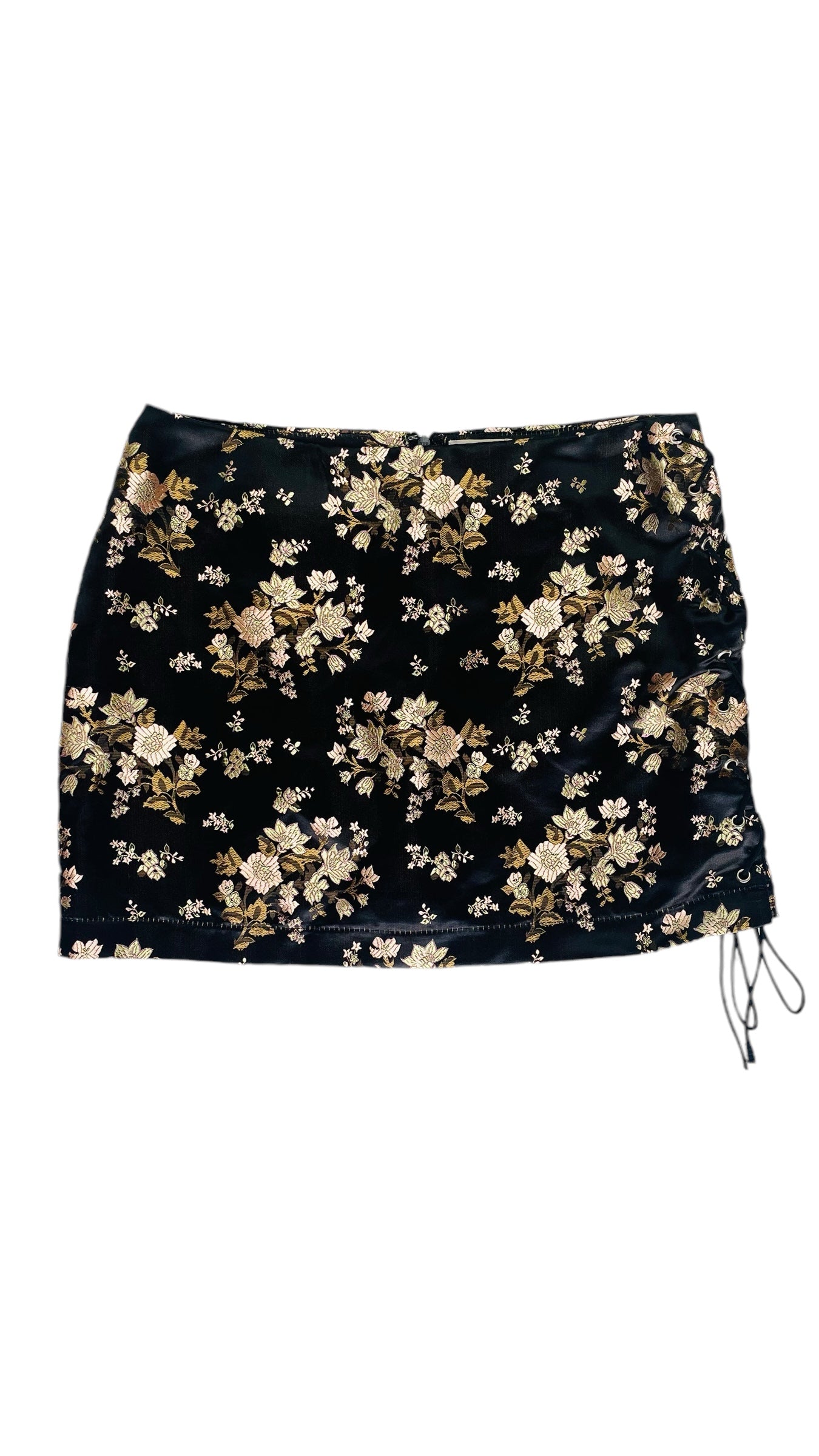 Pre-Loved black & gold chinese brocade floral print embroidery satin mini skirt - Size M