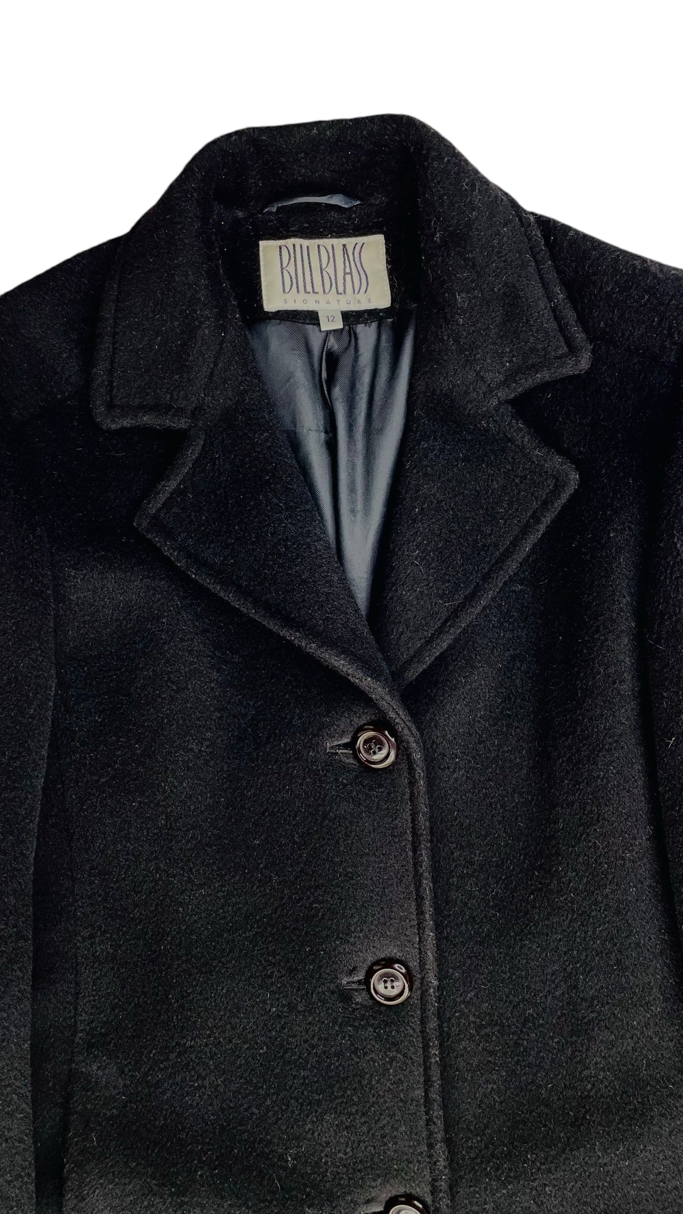 Vintage 90s BILL BLASS black wool single breast mid length coat - Size 12