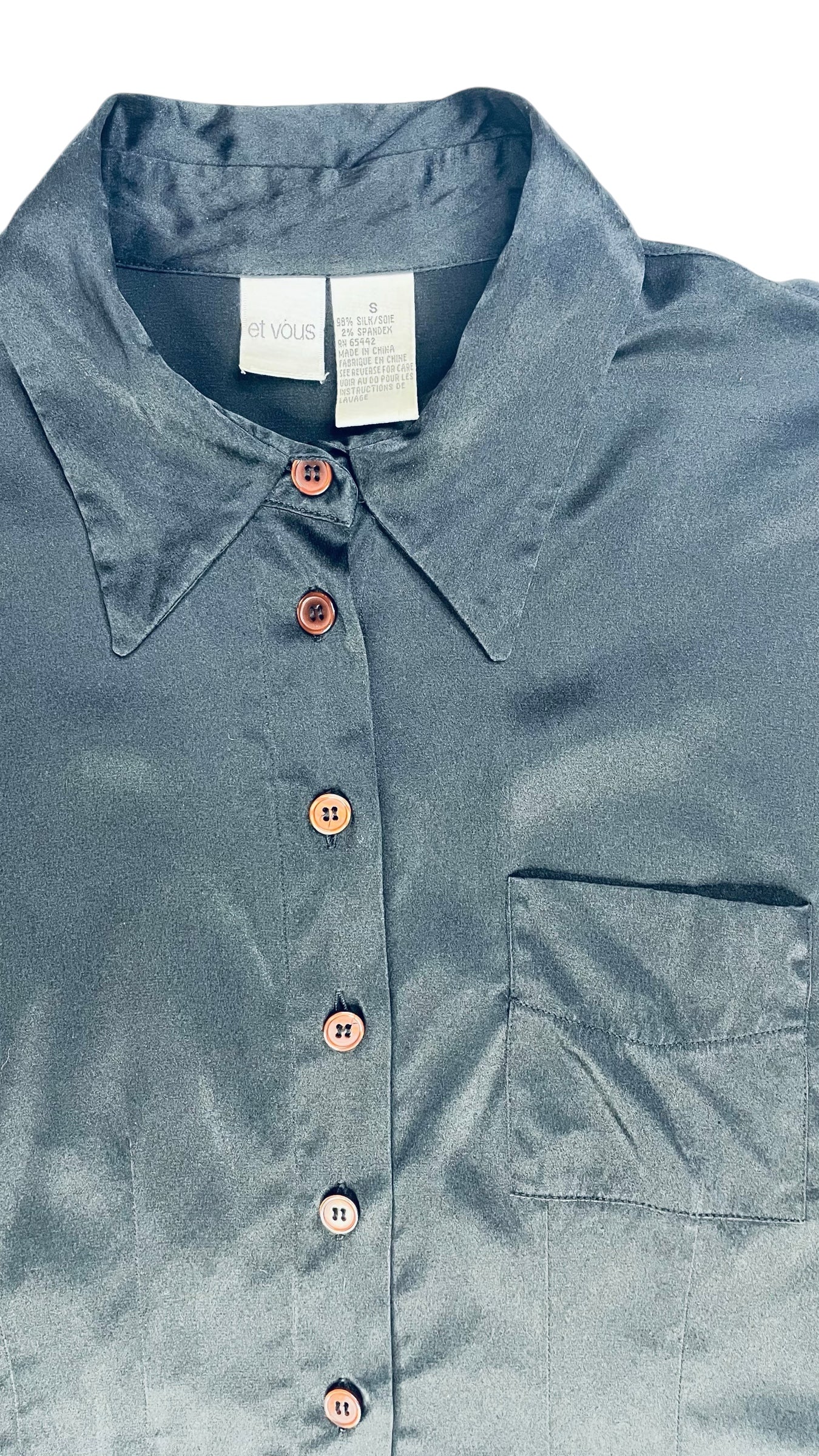 Vintage 90s black silk satin long sleeve button up top - Size S