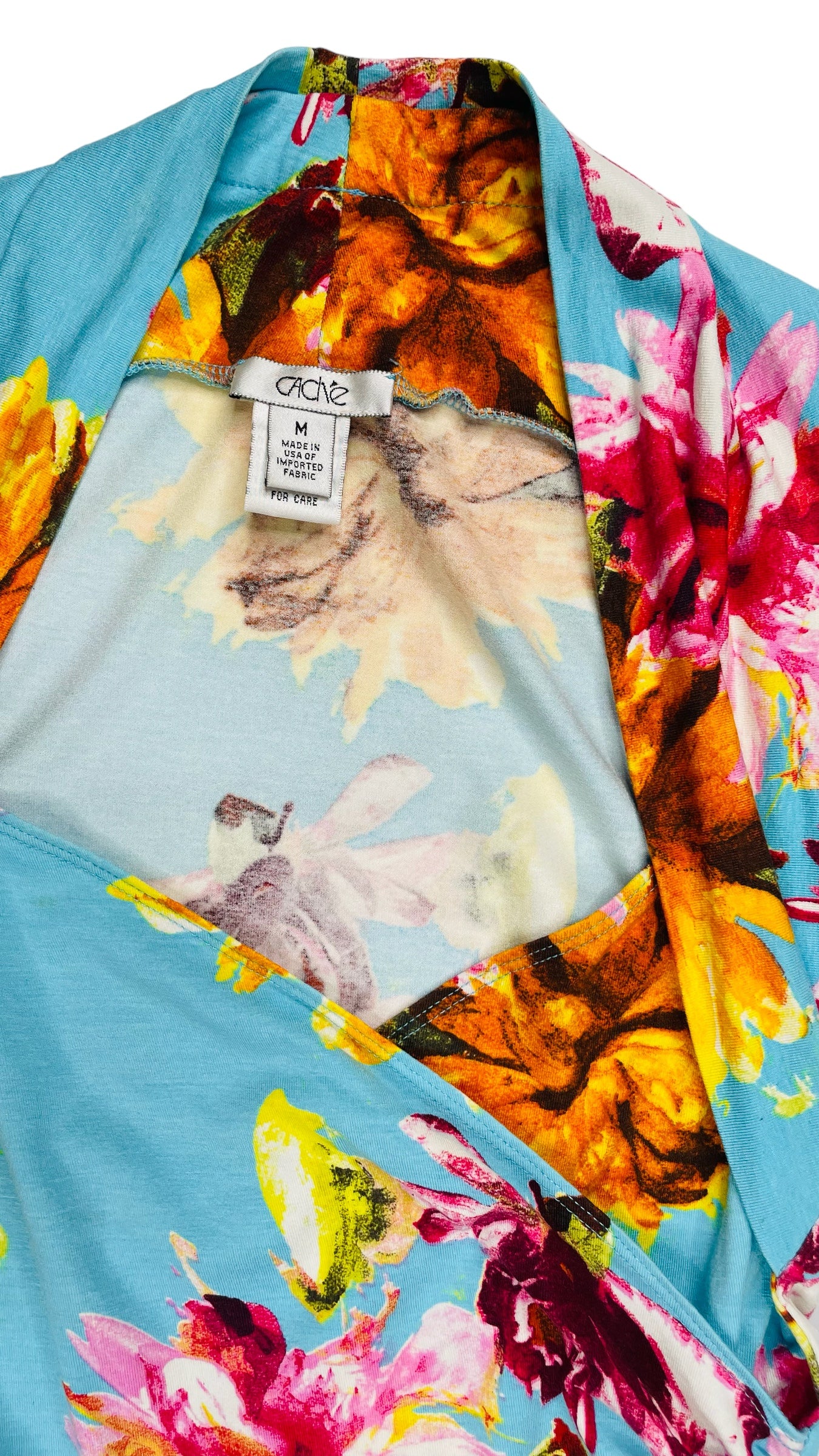 Vintage Y2K CACHE blue floral print short sleeve wrap halter top - Size M