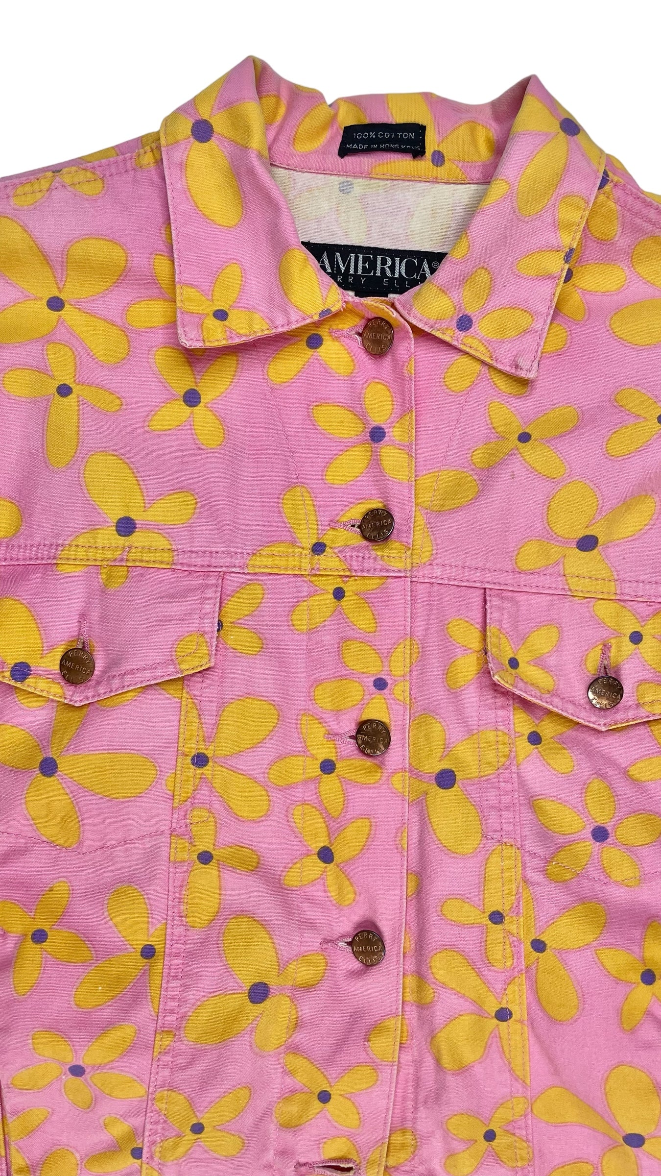 Vintage 90s PERRY ELLIS boxy pink & yellow floral print denim jacket - Size L