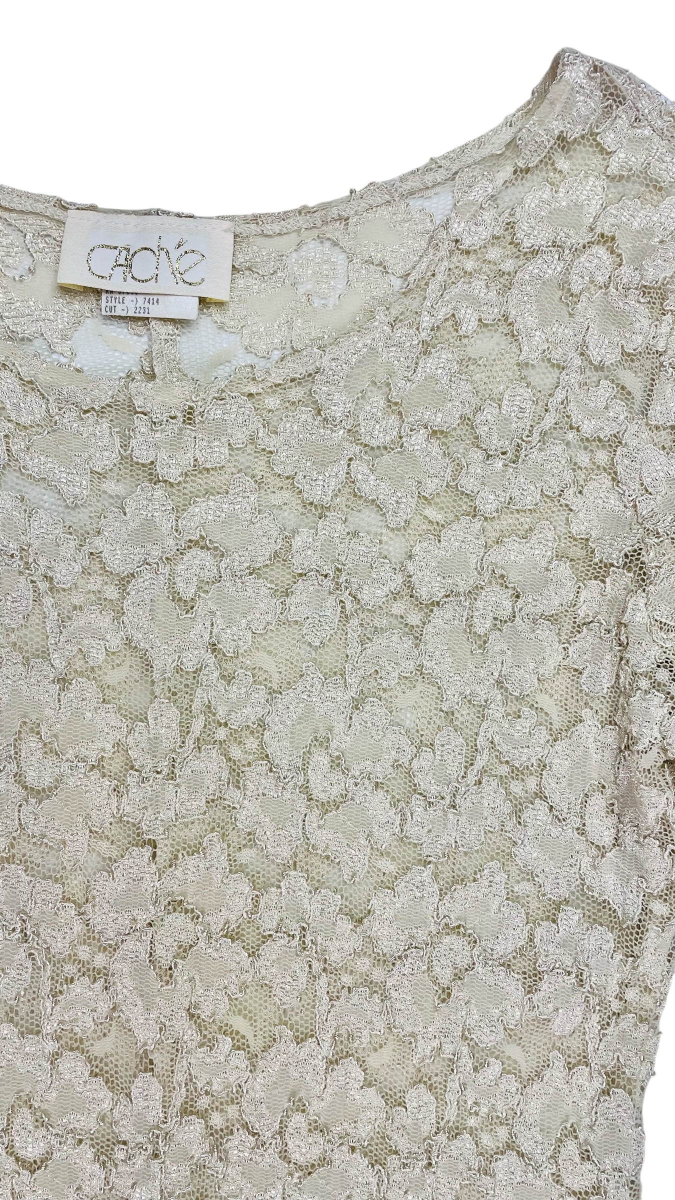 Vintage 90s CACHE beige stretch sheer lace body con long sleeve mini dress - Size M