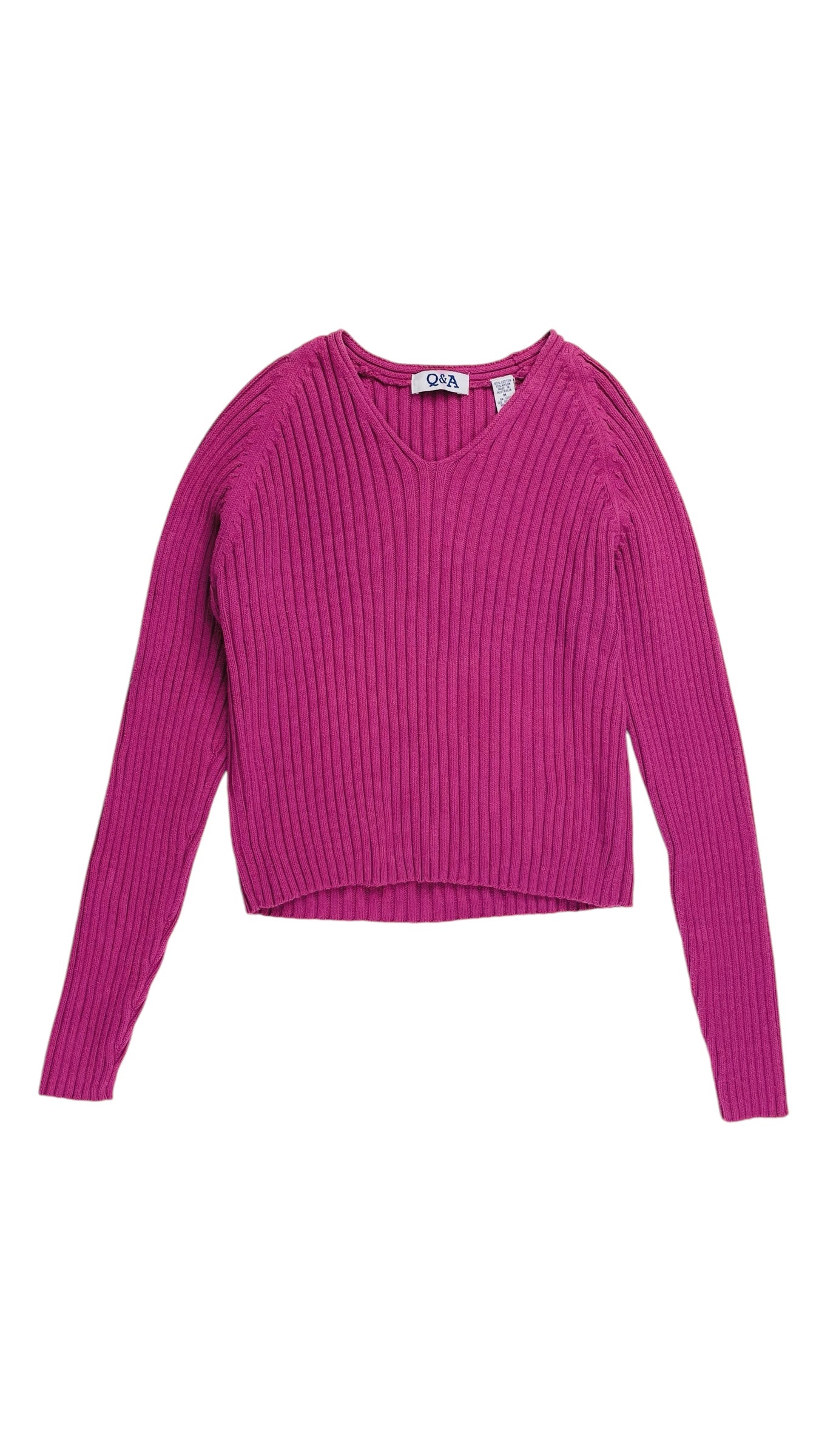 Vintage 90s fuchsia pink wide ribbed long sleeve v neck sweater - Size M