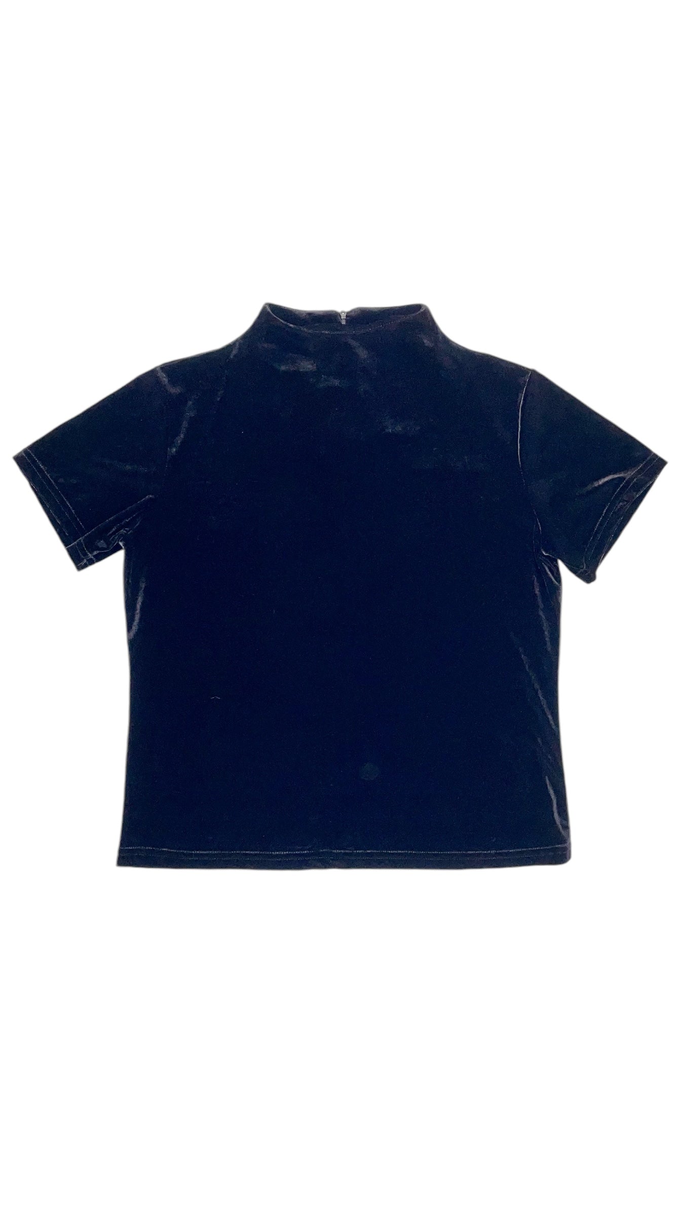 Vintage 90s black velvet funnel neck short sleeve top - Size L