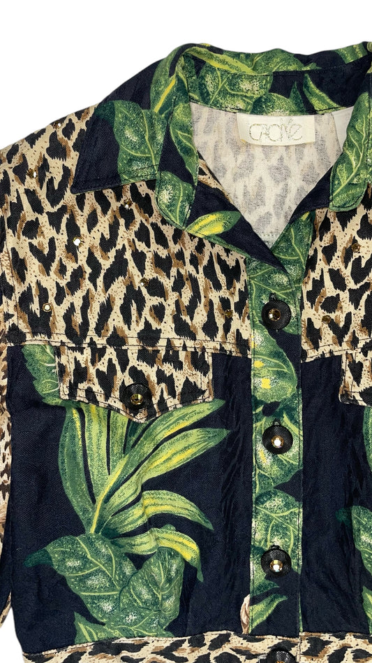 Vintage 90s CACHE black palm leaf & leopard print cropped denim jacket- Size XS