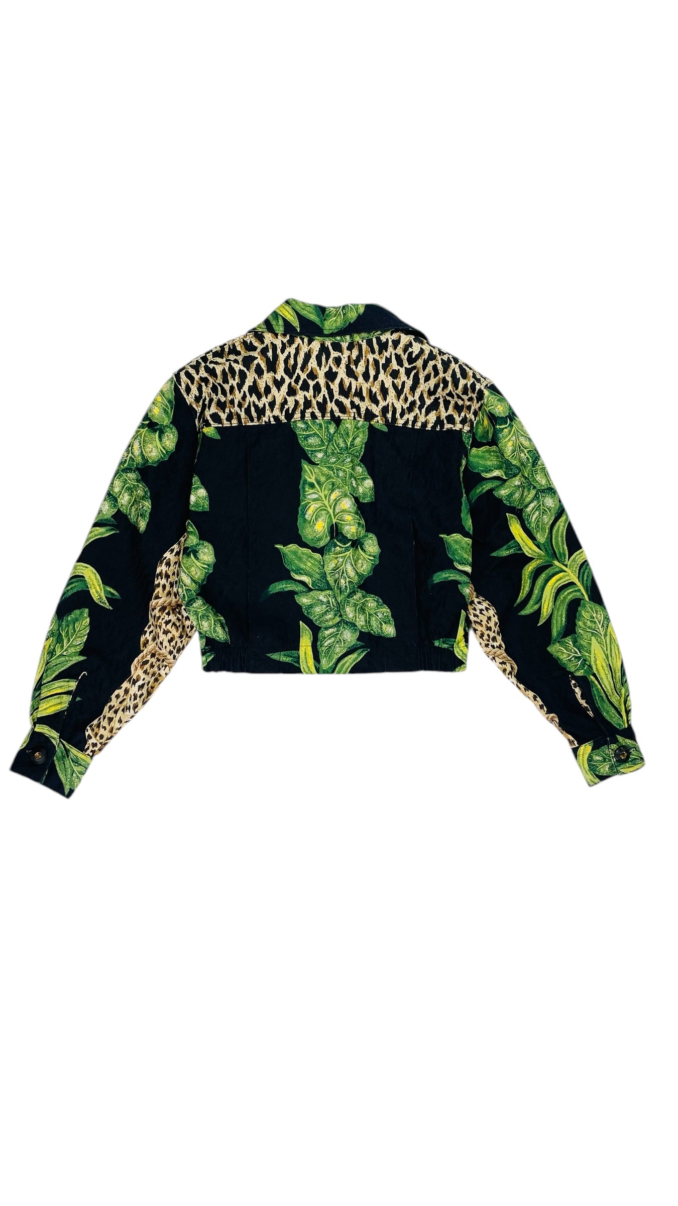 Vintage 90s CACHE black palm leaf & leopard print cropped denim jacket- Size XS