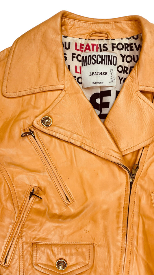 Vintage 90s MOSCHINO peach leather motorcycle jacket & mini skirt set - Size 26