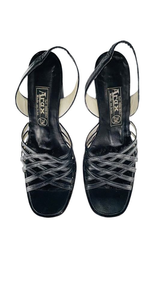 Vintage 70s black leather strappy heels - Size 7