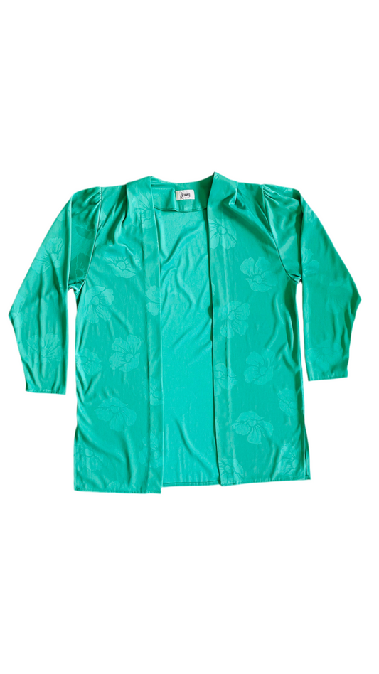 Vintage 90s green satin floral print open cardigan - Size XL