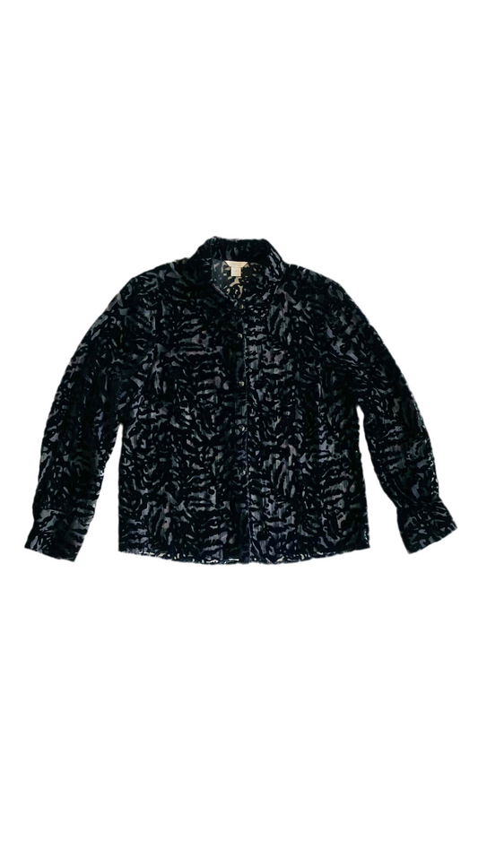 Vintage 90s black abstract zebra print velvet burnout button up shirt - Size M