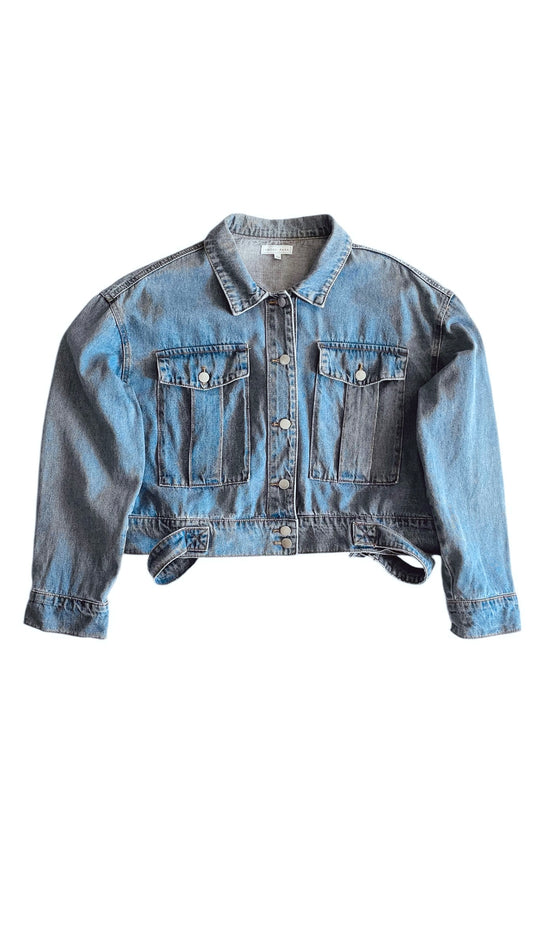 Pre-Loved mid blue boxy cropped denim jacket - Size L