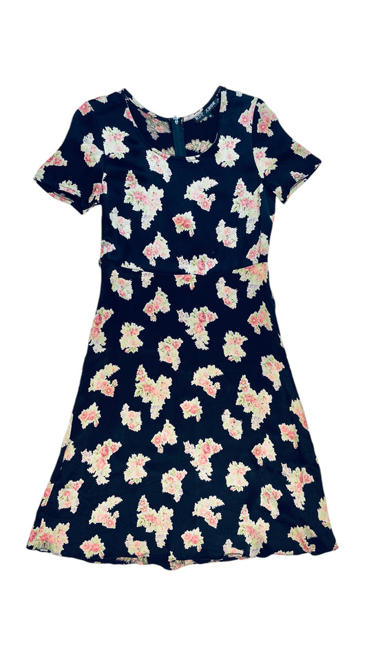 Vintage 90s BETSEY JOHNSON black & pink floral print short sleeve satin midi dress - Size M