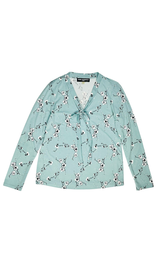 Vintage Y2K KARL LAGERFELD blue floral knit long sleeve tie up top - Size M