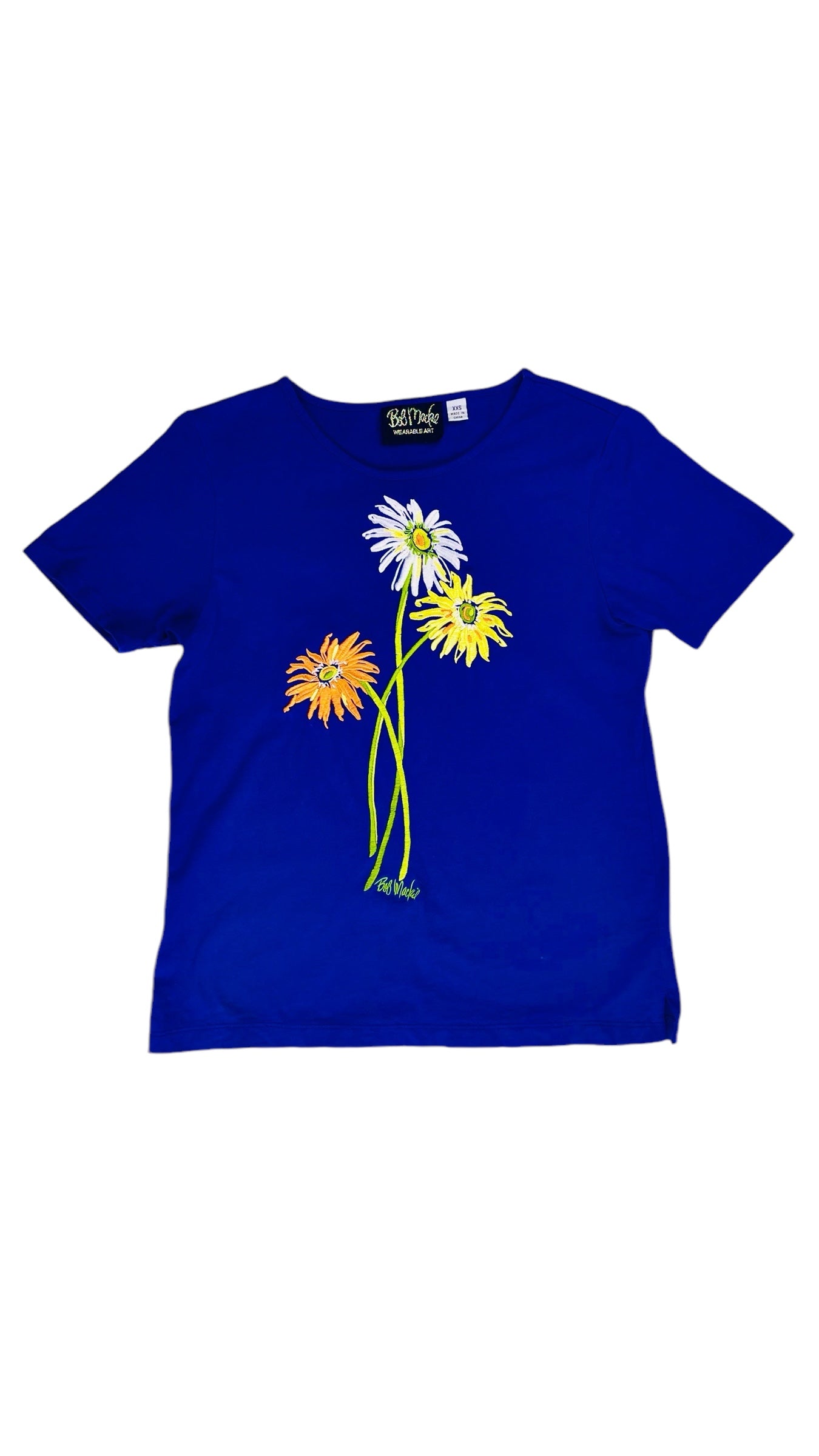 Vintage 90s BOB MACKIE blue floral embroidered t-shirt - Size XXS