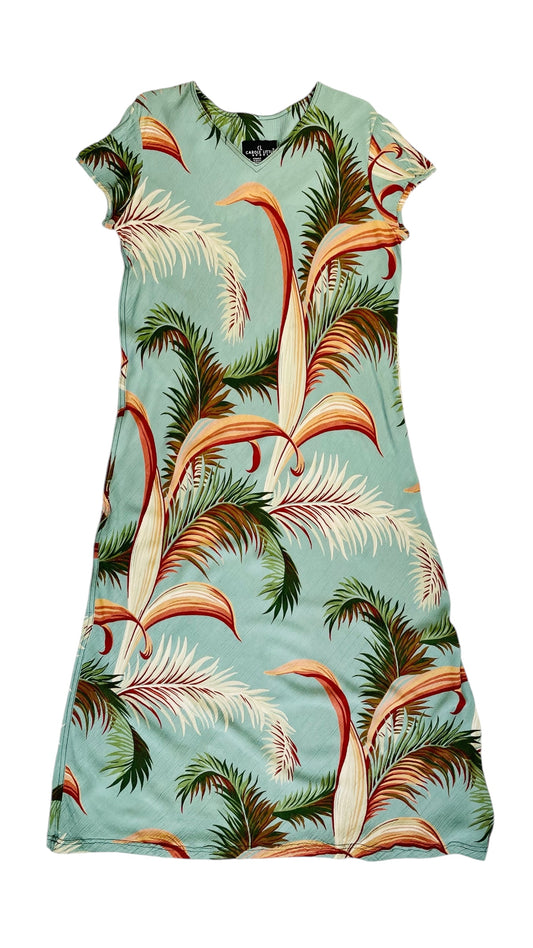 Vintage 90s turquoise and terracotta tropical palm print short sleeve maxi dress - Size 12