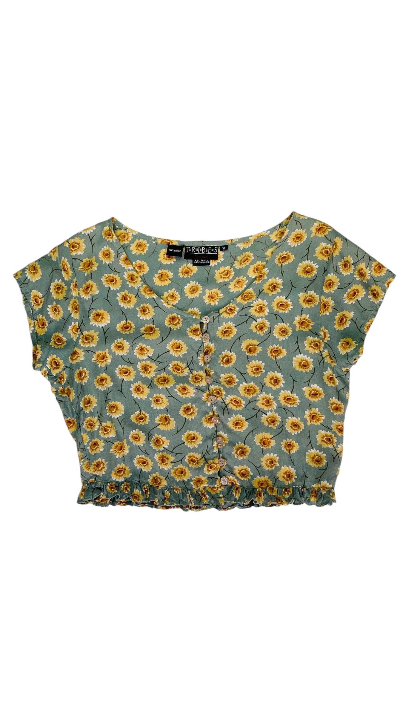 Vintage 90s blue and yellow floral print short sleeve top - Size M