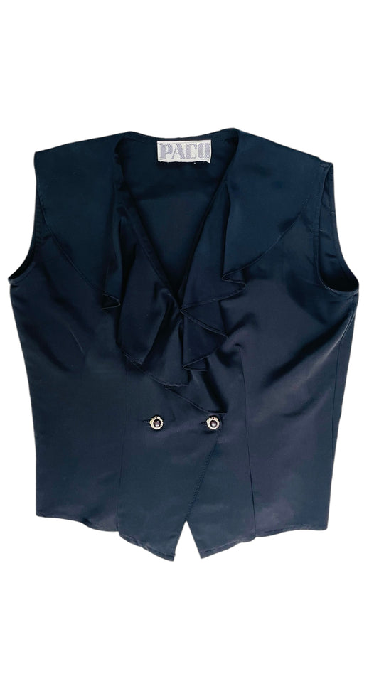 Vintage 90s black tank top/vest with ruffled collar - Size XL