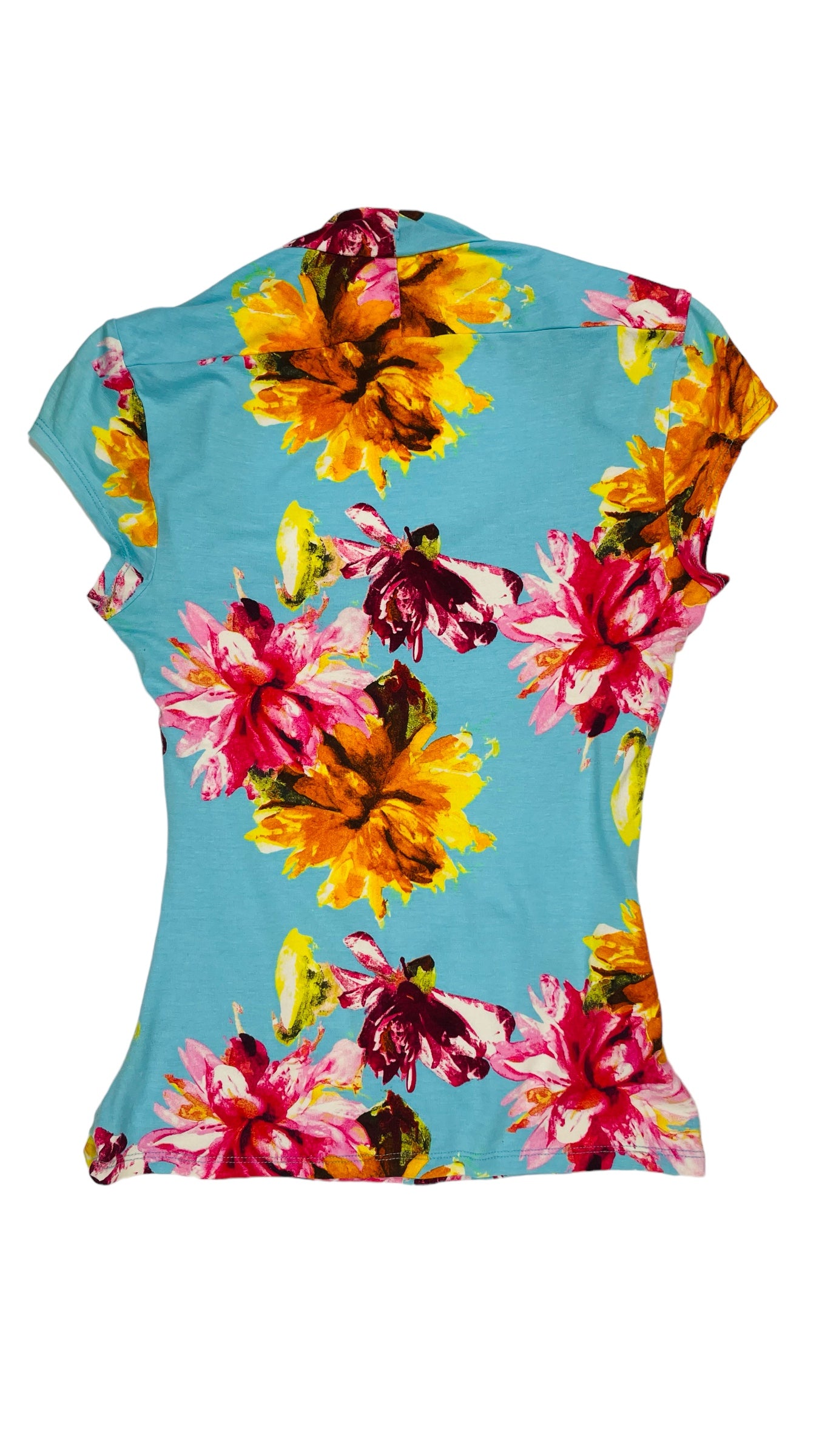 Vintage Y2K CACHE blue floral print short sleeve wrap halter top - Size M