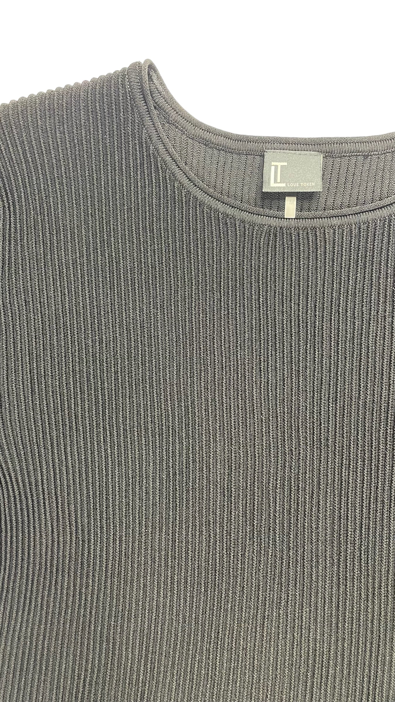 Pre-Loved black ribbed short sleeve top with flared peplum hem - Size M