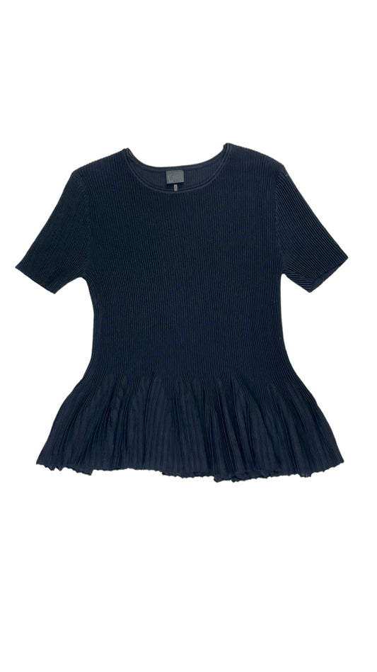 Pre-Loved black ribbed short sleeve top with flared peplum hem - Size M