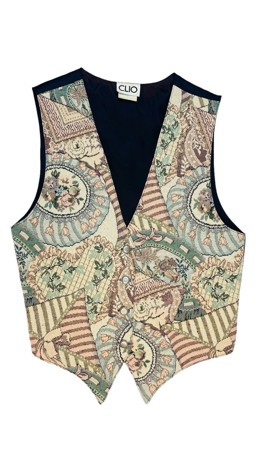 Vintage 90s pink & cream floral jacquard tapestry vest  - Size S
