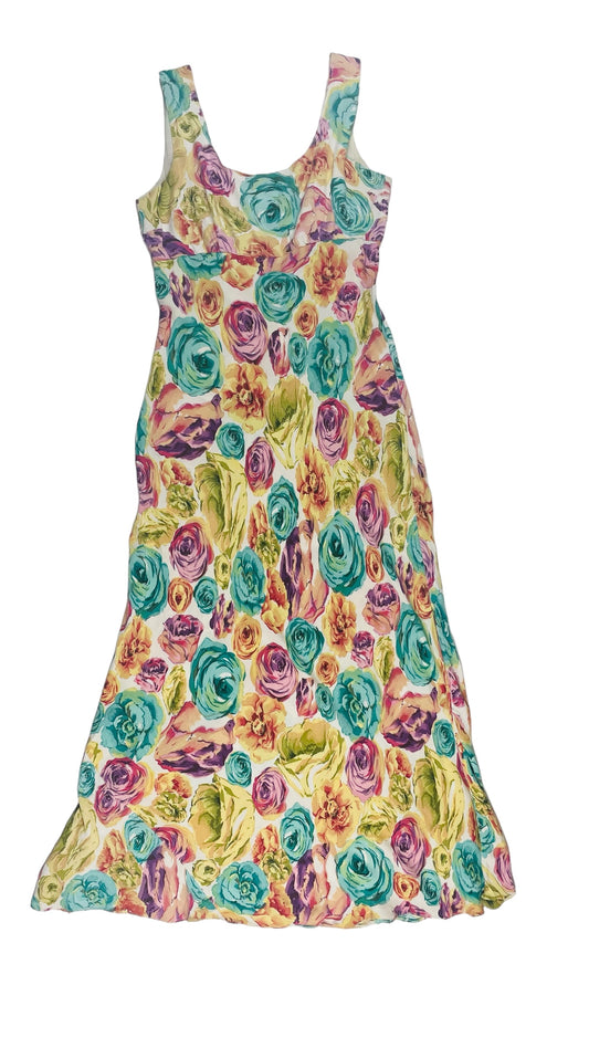 Vintage 90s pink multi colored rose print evening wear prom tank maxi dress - Size L