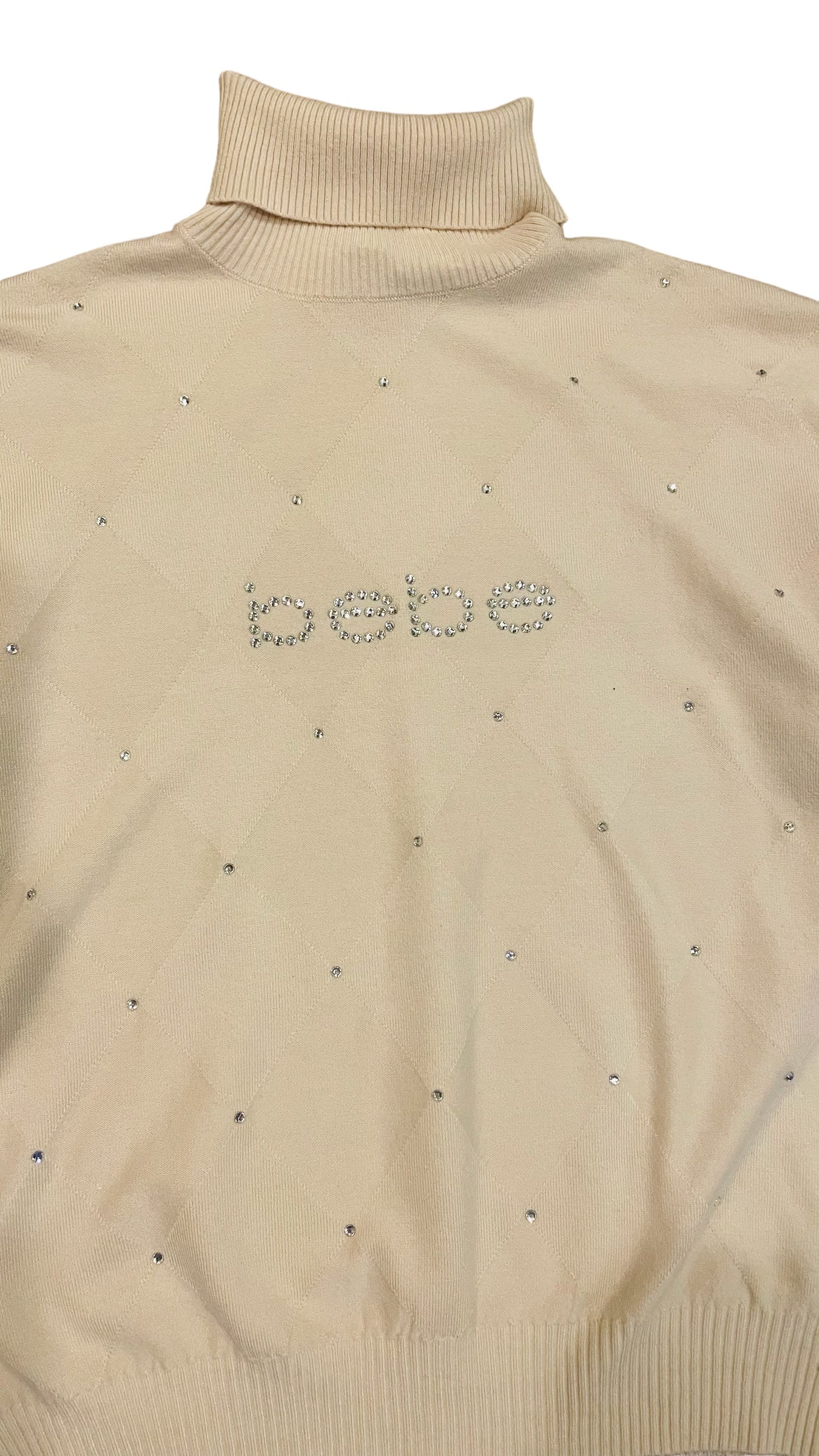 Vintage Y2K cream BEBE argyle turtleneck long sleeve sweater with rhinestones- Size XS