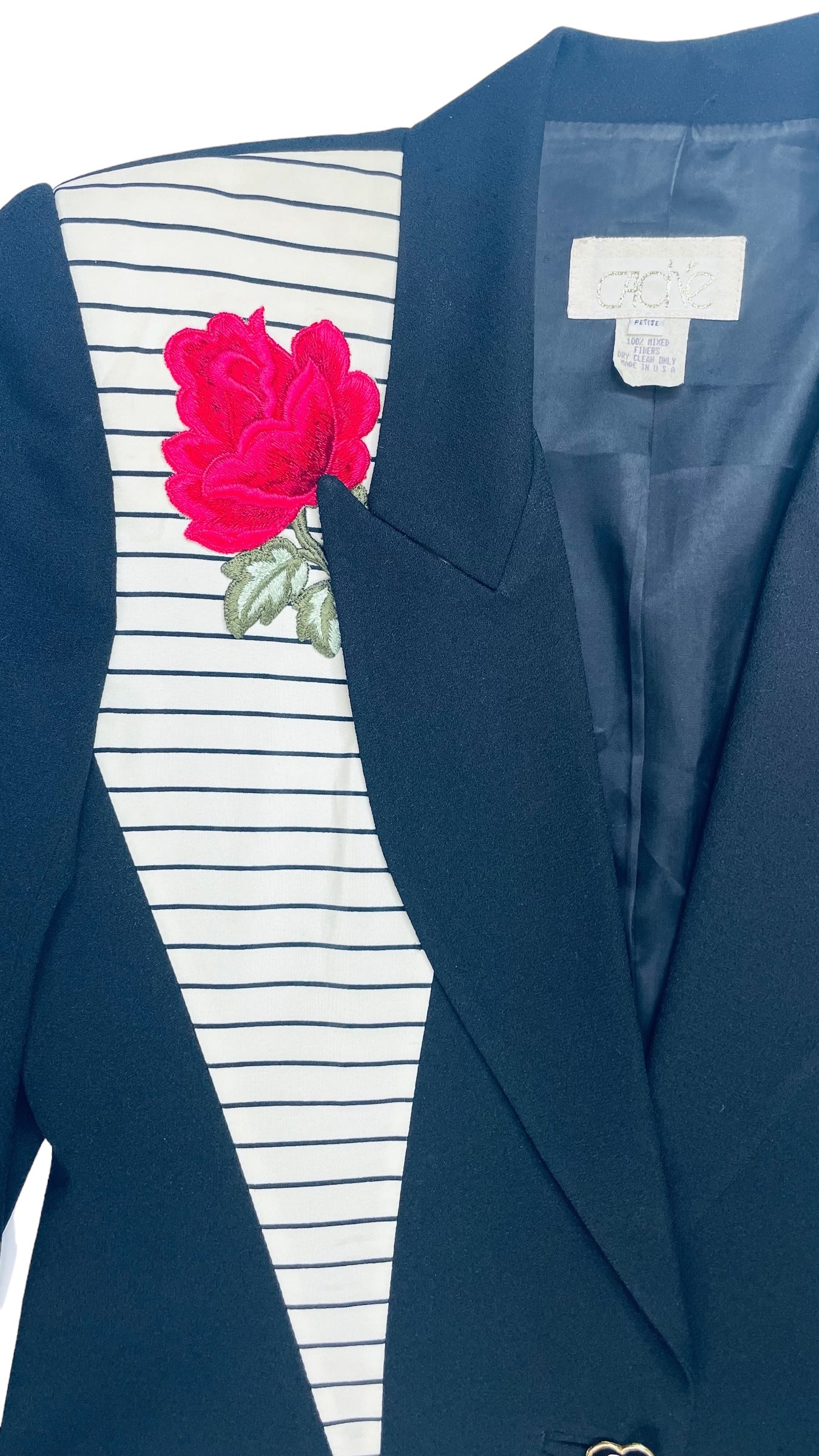 Vintage 90s 80s CACHE black cream striped rose embroidered button up blazer - Size S