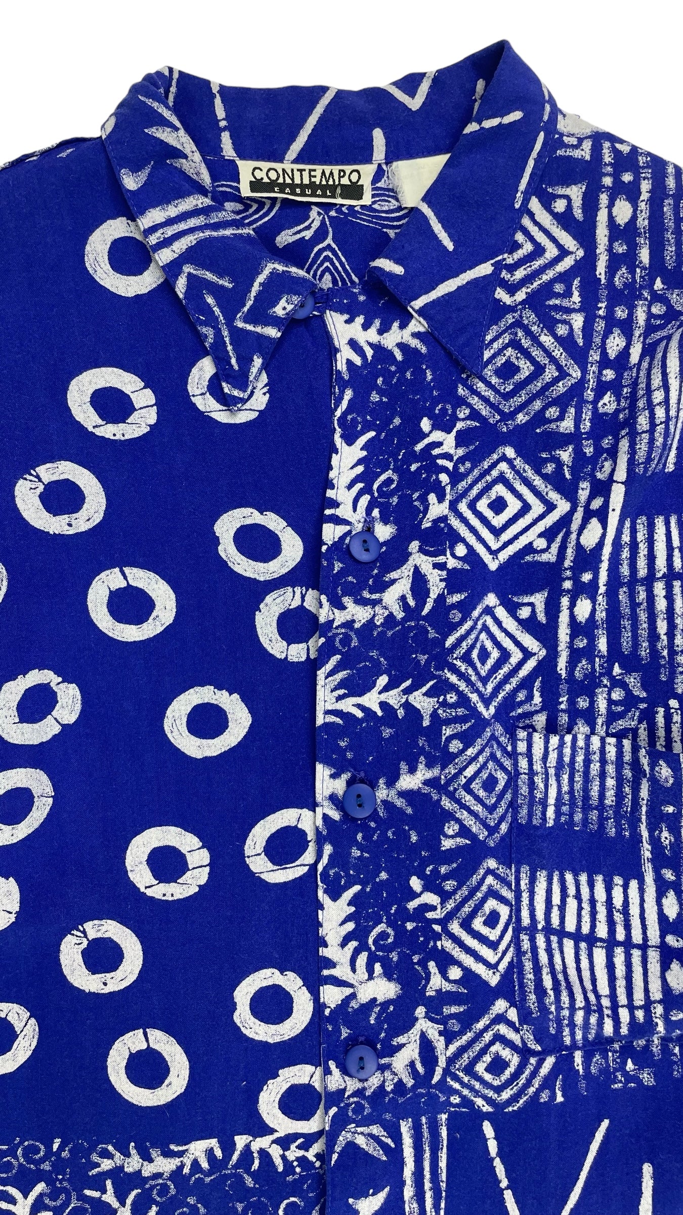 Vintage 90s CONTEMPO CASUAL blue & white batik print long sleeve button up shirt - Size S