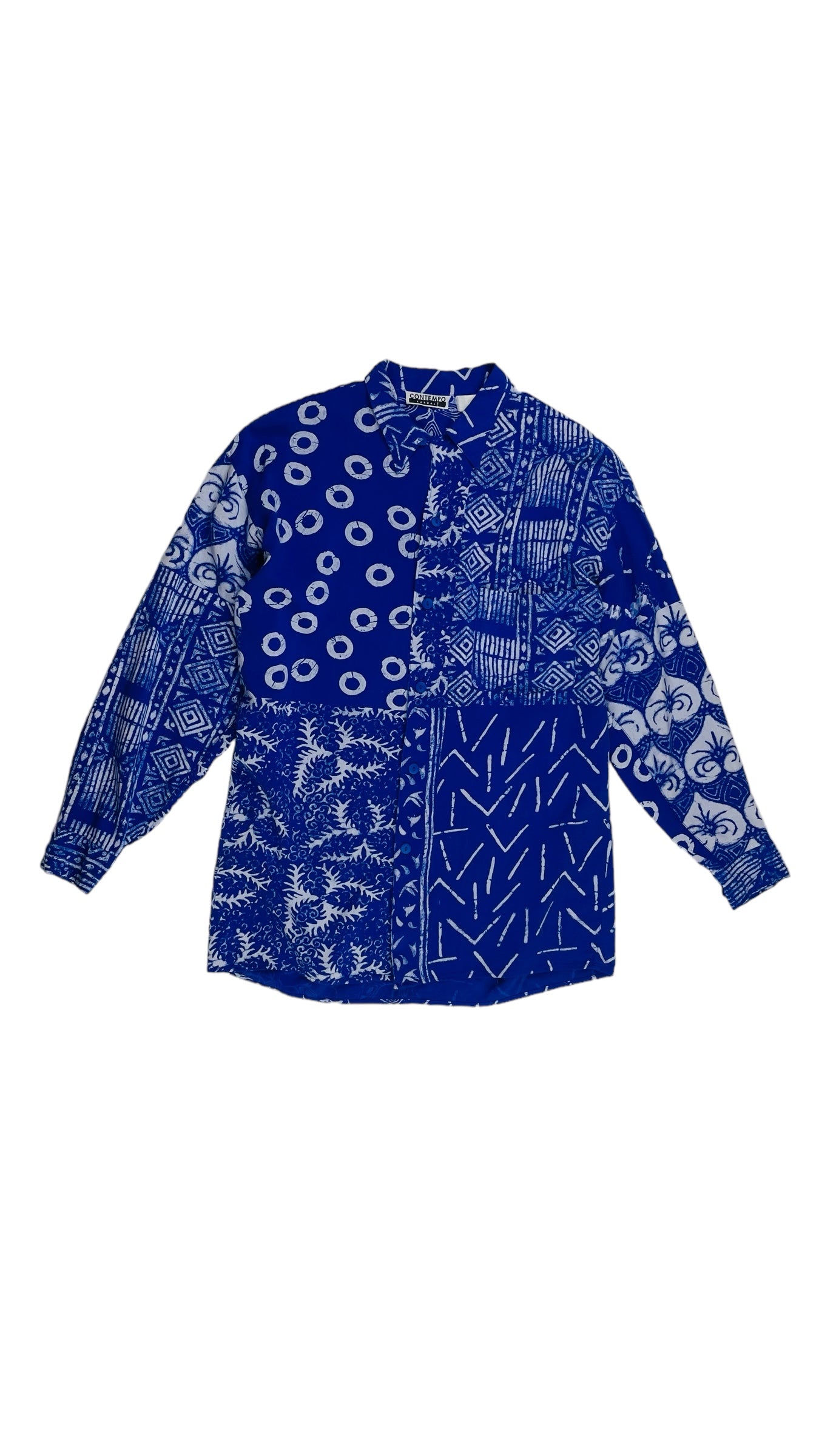Vintage 90s CONTEMPO CASUAL blue & white batik print long sleeve button up shirt - Size S