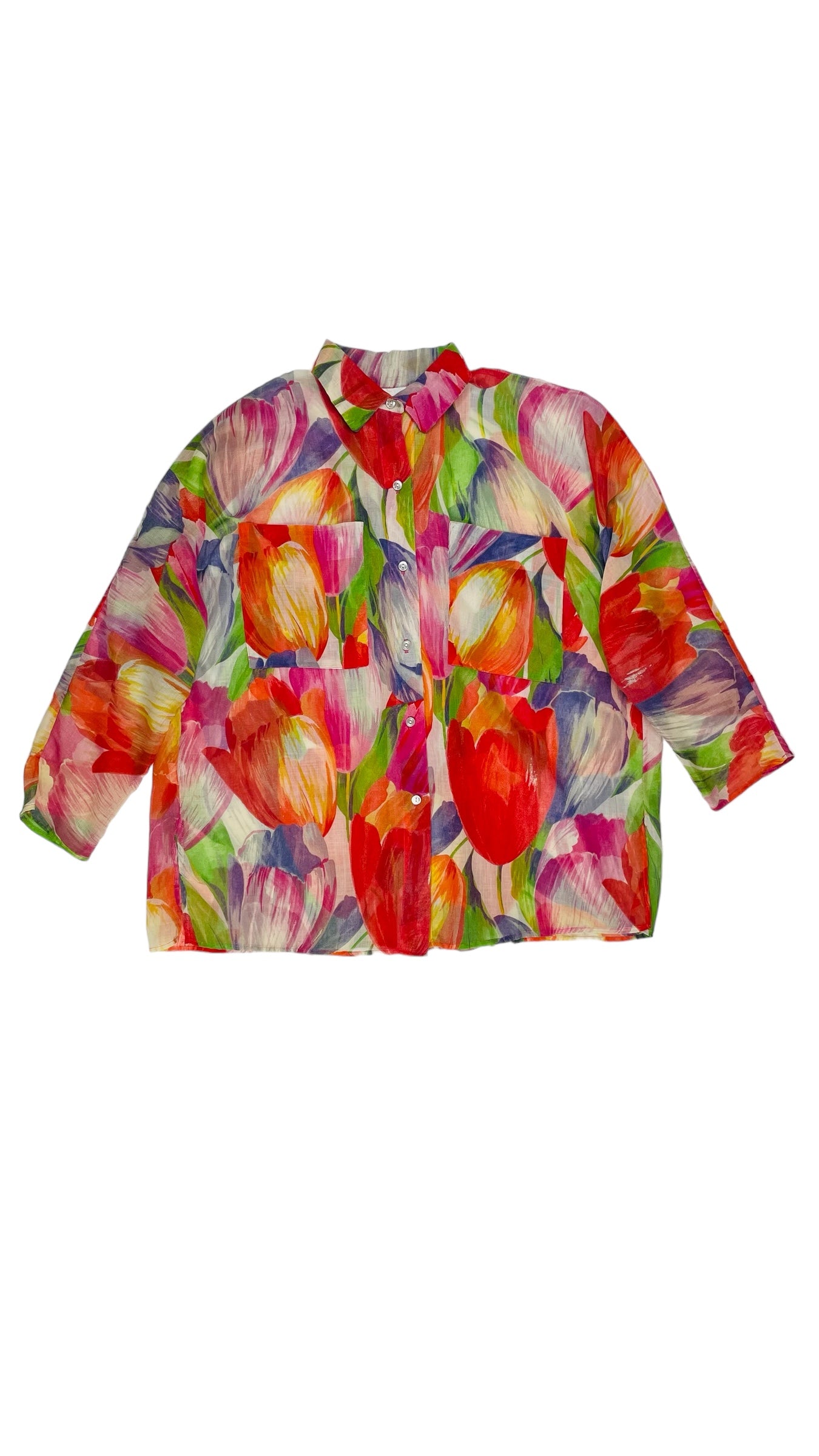 Vintage 90s rainbow tulip floral print long sleeve button up shirt - Size L