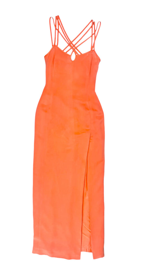 Vintage 90s ESCADA COUTURE bright coral orange strappy shift tank maxi dress evening wear prom - Size 34